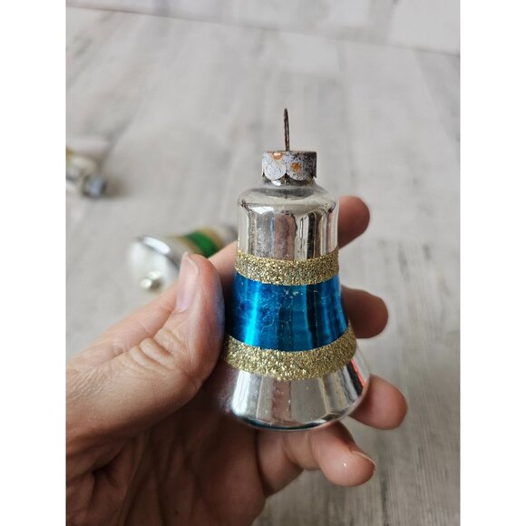 Vintage glitter mercury glass bell ornament gold striped green red blue set Xmas - Picture 11 of 15